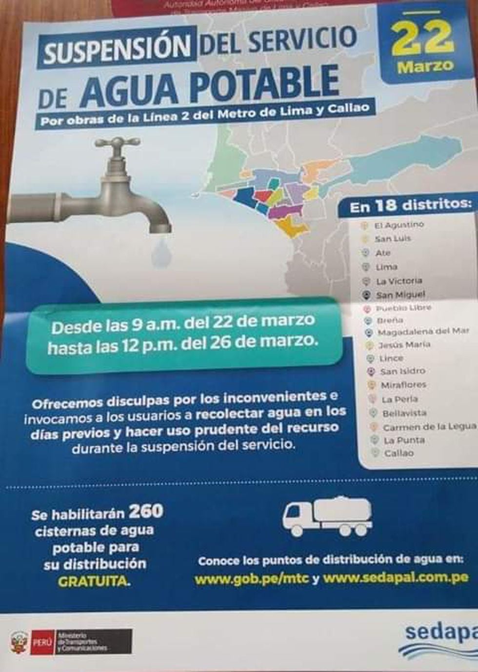 Sedapal desmiente cortes de agua potable en 18 distritos Economía