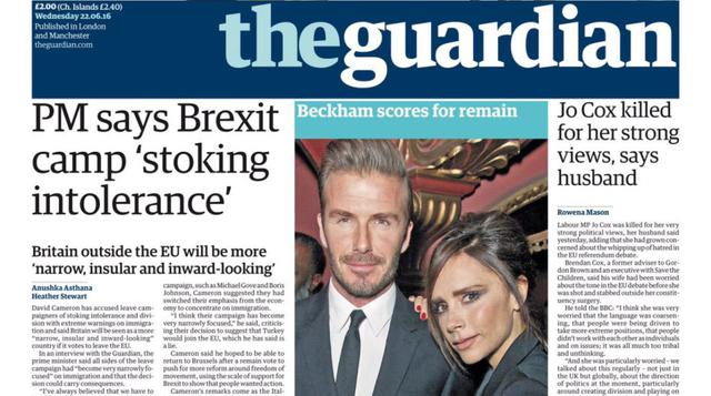The Guardian. A favor de la UE. El diario de izquierdas The Guardian pidió el voto a favor de la UE el lunes. &quot;Vota a favor de un país unido abierto al mundo, y vota contra una nación dividida que se recluye en sí misma&quot;, reclamó en su editorial