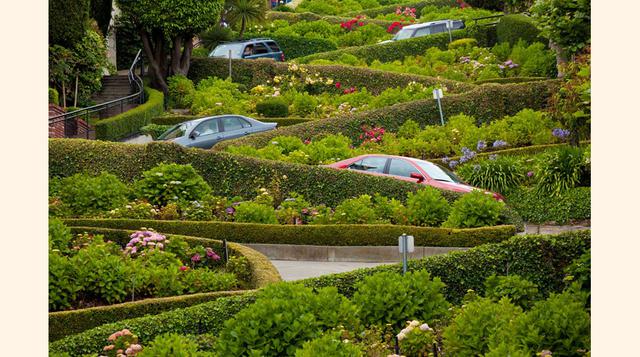 Lombard Street (San Francisco). La visión del tramo zigzageante de Lombard Street en San Francisco parece una broma: su tramo entre Russian Hill y Hyde Street se trazó en zig zag para evitar un vertiginoso 27% de pendiente. En cada curva, un jardín. ¿Qué 