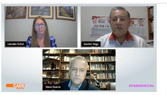 Hernando Guerra García, y el coordinador sectorial de campaña del partido político Perú Libre, Gastón Vega, debatieron este jueves las propuestas en materia de transformación digital en el CADE Digital. (Foto: Captura CADE Digital 2021)