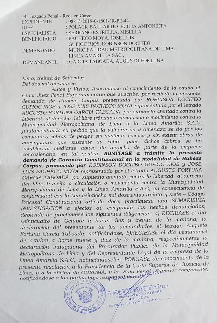 Resolución que admite a trámite demanda de hábeas corpus. 