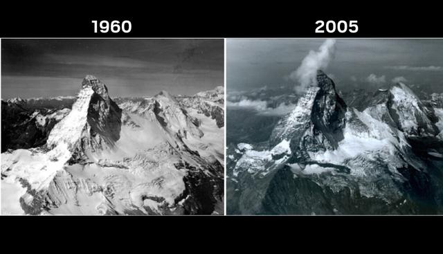 Montaña Matterhorn | Se ubica en los Alpes, entre la frontera de Suiza e Italia. El hielo que tenía hace 50 años se sigue diluyendo de a pocos. (NASA)