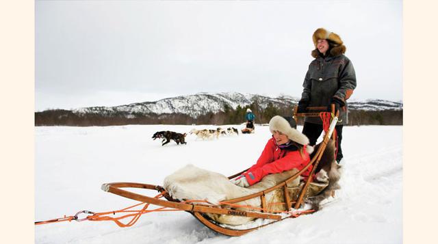 10. Trineos tirados por perros en Laponia (Noruega): En la zona norte de Noruega, dentro del Círculo Polar Ártico, se realizan expediciones y viajes con trineos tirados por perros, generalmente de raza groenlandesa o husky. Son animales de gran resistenci