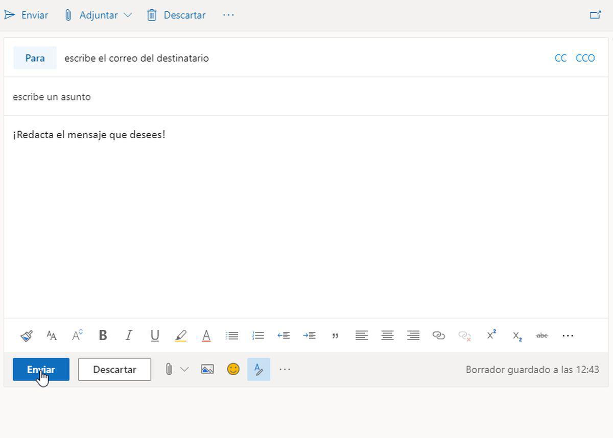 Sigue estos sencillos pasos para enviar un correo nuevo. (Foto: Outlook)