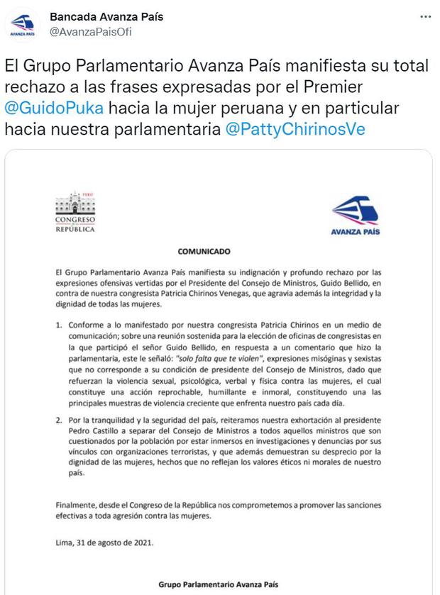 Avanza País pide que Guido Bellido deje el cargo por sus expresiones misóginas.