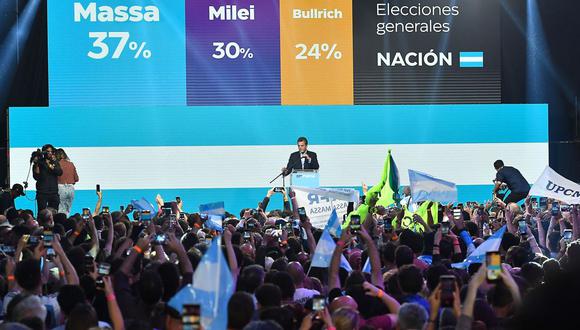 Sergio Massa speaks to supporters after the general elections on Oct. 22 in Buenos Aires, Argentina. Photographer: Marcelo Endelli/Getty Images