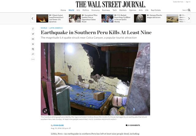 &quot;Sismo en el sur de Perú deja al menos nueve muertos&quot;, informa el Wall Street Journal