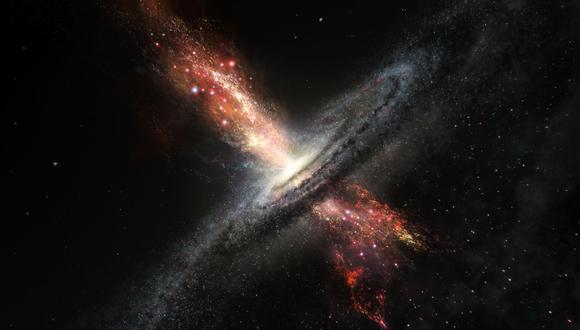 La impresión de un artista de una galaxia que forma estrellas dentro de poderosos flujos de material que salen disparados de agujeros negros supermasivos en su núcleo. (Foto de M. Kornmesser / Observatorio Europeo Austral / AFP)