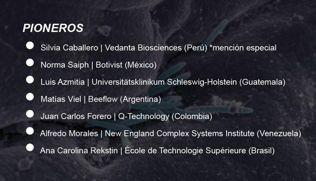 FOTO 3 | PIONEROS

Silvia Caballero | Vedanta Biosciences (Perú) *mención especial

Norma Saiph | Botivist (México)

Luis Azmitia | Universitätsklinikum Schleswig-Holstein (Guatemala)

Matías Viel | Beeflow (Argentina)

Juan Carlos Forero | Q-Technology (Colombia)

Alfredo Morales | New England Complex Systems Institute (Venezuela)

Ana Carolina Rekstin | École de Technologie Supérieure (Brasil)