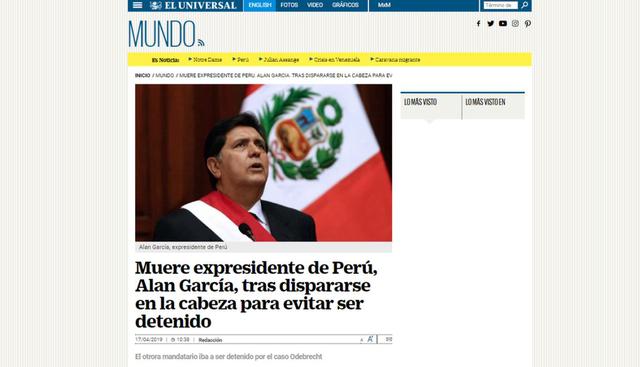 Alan García falleció este miércoles en el hospital Casimiro Ulloa. (Captura: El Universal - México)