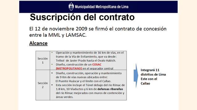 El alcalde explicó que el contrato de concesión del proyecto Línea Amarilla se firmó el 12 de noviembre de 2009. Está se suscribió entre la Municipalidad de Lima y Lamsac, una empresa del grupo Invepar.