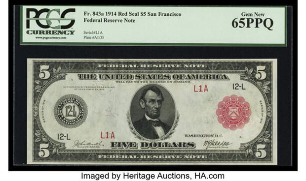 Billete de la Reserva Federal con sello rojo de 1914 de $5 dólares (Foto: PCGS)
