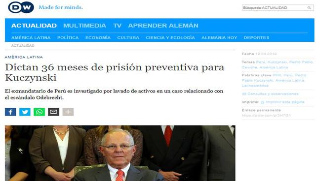 Cadena alemana de noticias Deutsche Welle sobre la medida de prisión preventiva contra Pedro Pablo Kuczynski. (Foto: Captura)