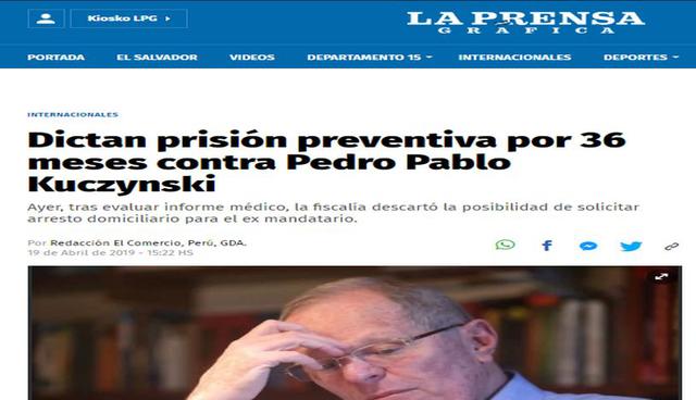 La Prensa Gráfica de El Salvador sobre medida de prisión preventiva dictada contra Pedro Pablo Kuczysnki. (Foto: Captura)