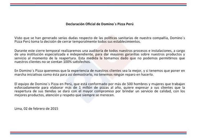 13.- El 2 de febrero se anunció el cierre de todos los locales de Domino’s Pizza en el Perú para “una auditoria sobre sus procesos e instalaciones”.