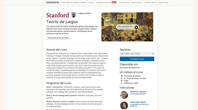 Universidad de Stanford. Su MOOC “Game Theory” entra en el ranking en el puesto seis.
