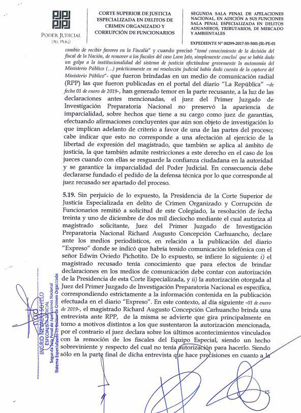 Resolución de Segunda Sala de Apelaciones sobre recusación a juez Richard Concepción Carhuancho.