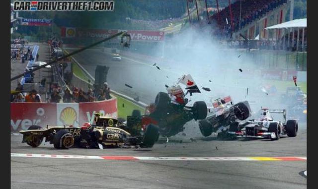 Romain Grosjean, Lewis Hamilton y Fernando Alonso (Bélgica 2012)