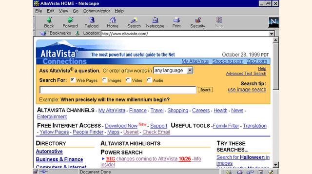 Altavista. Fue el Google de los año 90. Este buscador en inglés y español fue creado en 1995 por la empresa Overture Service Inc., que fue comprada por Yahoo!. El 8 de julio de 2013 Altavista fue cerrado por Yahoo! para enfocarse en otras áreas.