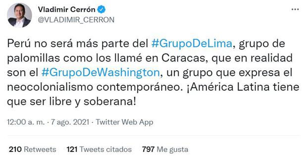 Vladimir Cerrón anunció que Perú dejará el Grupo de Lima.