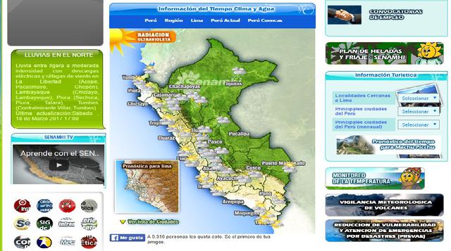 El primer paso es ir al portal del Senamhi, a la dirección web http://www.senamhi.gob.pe. En la portada se aprecia un mapa donde si pone el cursor sobre las principales ciudades obtendrá los pronósticos del clima. Pero si da click en cualquier parte del m