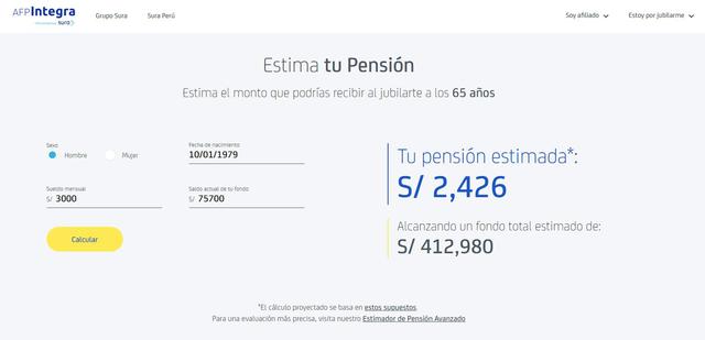 Un hombre de 40 años, con un ingreso de 3,000 y con un fondo actual de S/ 75,700; recibiría de pensión de S/ 2,426.