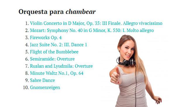 FOTO 1 | Orquesta para chambear
1.	Violin Concerto in D Major, Op. 35: III Finale. Allegro vivacissimo
2.	Mozart: Symphony No. 40 in G Minor, K. 550: I. Molto allegro
3.	Fireworks Op. 4
4.	Jazz Suite No. 2: III. Dance 1
5.	Flight of the Bumblebee
6.	Semiramide: Overture
7.	Ruslan and Lyudmila: Overture
8.	Minute Waltz No.1, Op. 64
9.	Sabre Dance
10.	Gnomenreigen