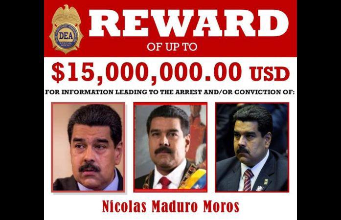Estados Unidos ofrece una recompensa de US$ 15 millones por información que lleve a la captura del ilegítimo presidente de Venezuela, Nicolás Maduro, para juzgarlo por narcotráfico. (Reuters).
