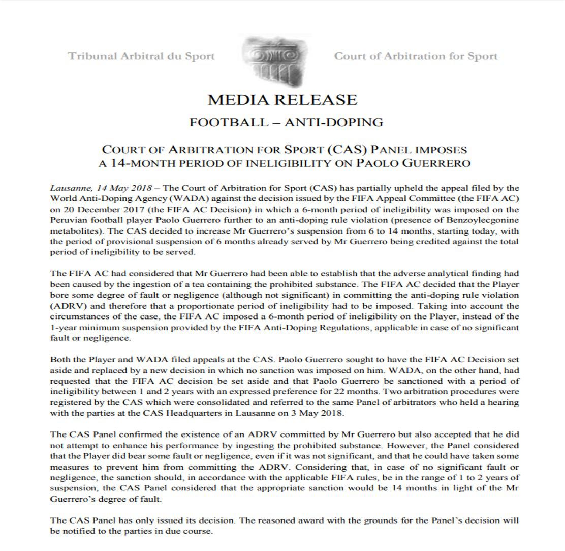 Este el comunicado del TAS. (Foto: Internet)