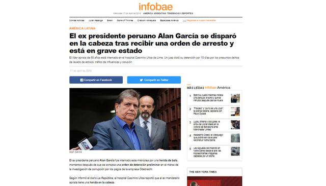 Alan García fue internado de urgencia tras detención. (Foto: Infobae)