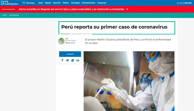 "Perú reporta su primer caso de coronavirus", informó el medio RCN Radio de Colombia. (RCN).