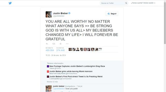 El reconocido artista juvenil Justin Bieber compartió un emotivo mensaje en el mes de enero. Dicha publicación alcanzó cerca de 500 mil ‘retuits’.