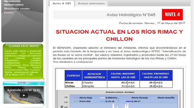 Si da click en los avisos hidrológicos, encontrará avisos sobre el caudal de los ríos.