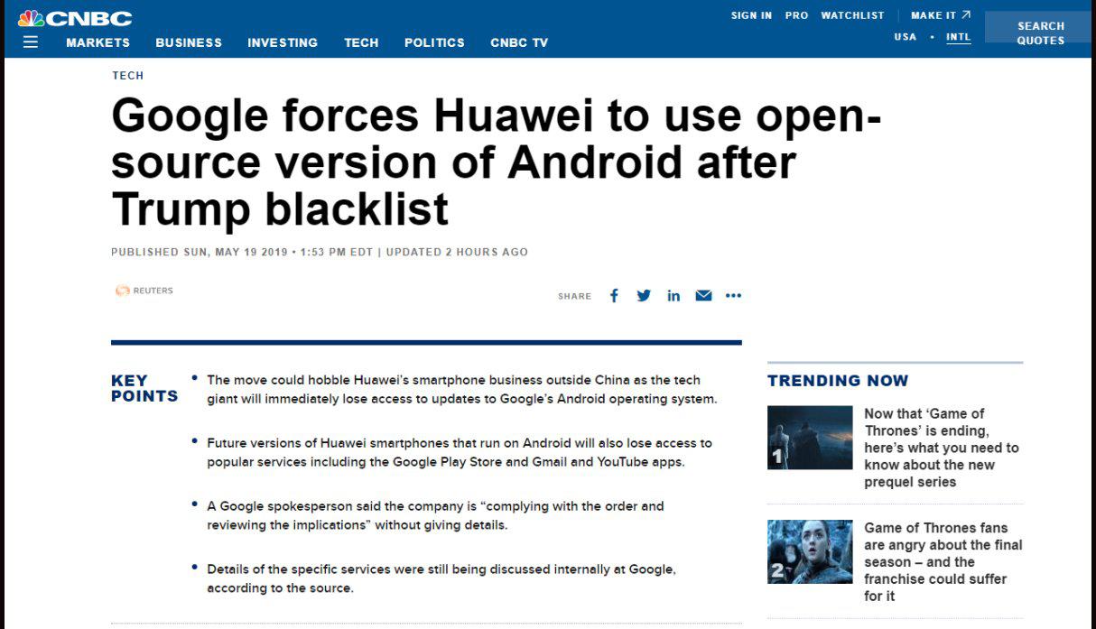 Así informa la CNBC: "Google obliga a Huawei a usar versión abierta de Android"