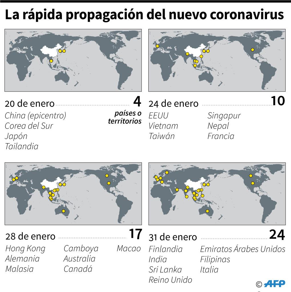 Países en donde se confirmaron infecciones con el nuevo coronavirus 2019-nCoV. (AFP)