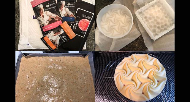 DIY tessellation cake prep and finished product (bottom right).Photographer: Leah Eskin