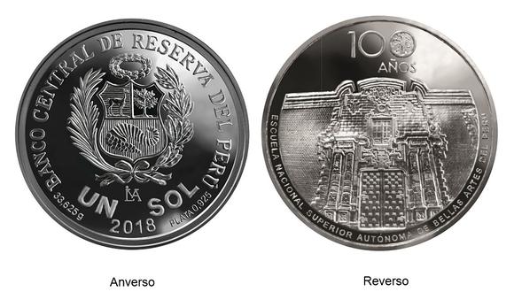 Moneda de plata alusiva al centenario de la Escuela de Bellas Artes.