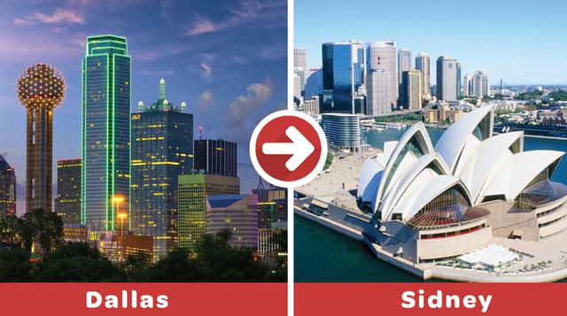 Dallas-Sydney. Volar desde Texas hasta Australia puede tomar 16 horas y 55 minutos en la aerolínea Qantas. La distancia a recorrer es de 13,804 km.