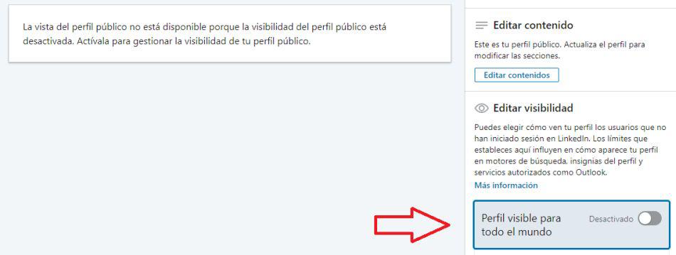 Sabrás que tu perfil está oculto cuando la opción aparezca como ‘Desactivada’. (Foto: LinkedIn)