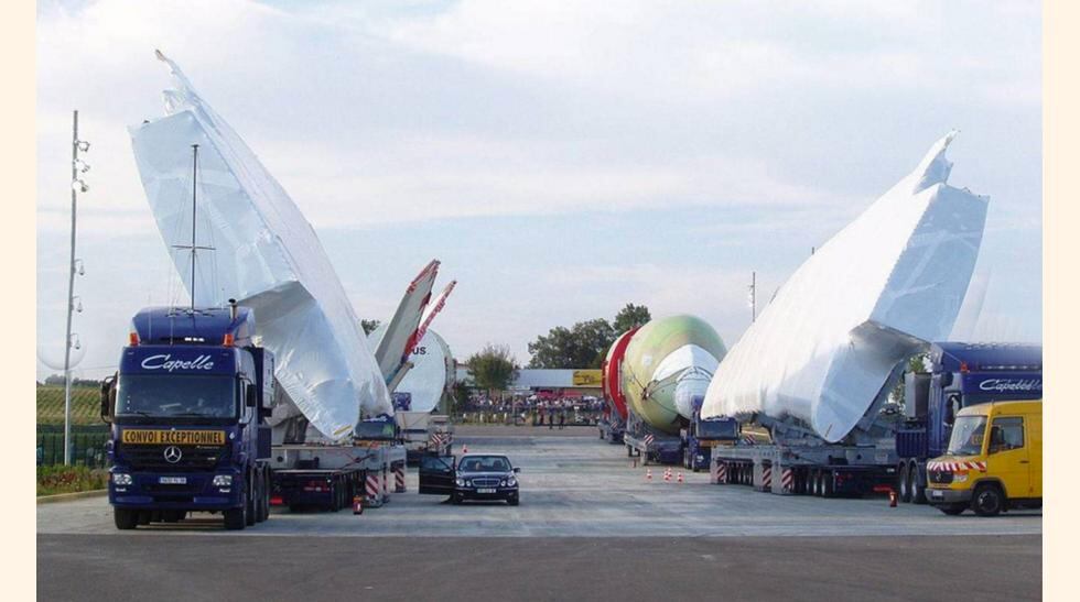 Airbus A380 Transportar el mayor avión de pasajeros del mundo no es una tarea sencilla. Por ello, es necesario hacerlo por tierra, con camiones, y por piezas. (Wikipedia)