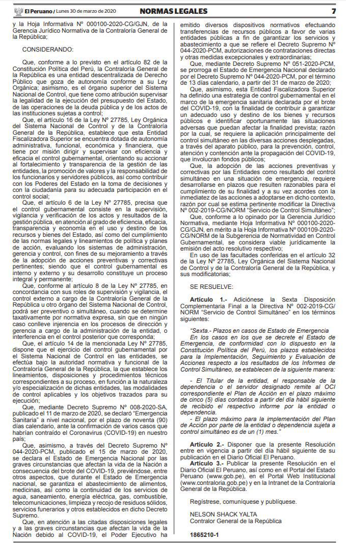 La Contraloría aprobó un plazo para aplicar medidas en casos de emergencia como la del coronavirus.