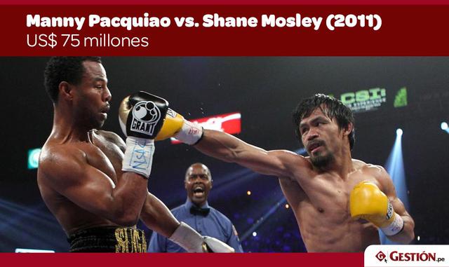 FOTO 2 | Manny Pacquiao vs Shane Mosley (2011) – $ 75 millones  En esta pelea que generó grandes ganancias de televisión paga (hasta ese momento), Pacquiao se adjudicó una victoria por decisión unánime después de ganar todos los rounds contra el veterano 