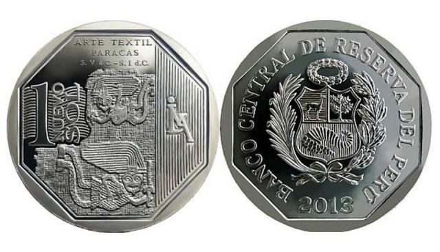 Arte Textil Paracas (12-09-2015) Esta moneda representa los diseños textiles que tenía la famosa cultura Paracas. Se caracteriza porque se desarrolló en la región Ica, entre los siglos V a. C. y I después d.C. (BCR)