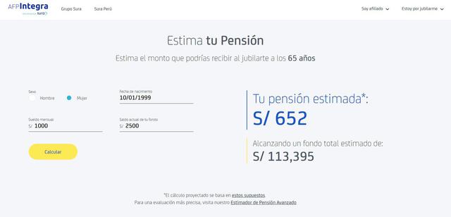 Una mujer que tiene 20, con un ingreso de 1,000 y con un fondo actual de S/ 2,500; recibiría de pensión de S/ 652. El cual podría ser mayor si su densidad de aporte es superior al 60%.