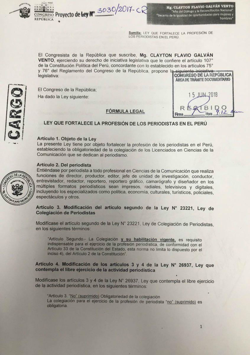 El proyecto de ley de Clayton Galván. (Foto: @ljcisneros)