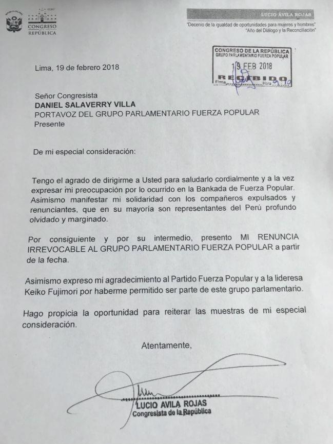 Renuncia de Lucio Ávila