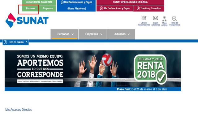 Ingresar a la página web de la Sunat y ubicar la seccion "Declaración Renta Anual 2018" para personas. (Foto: Captura)