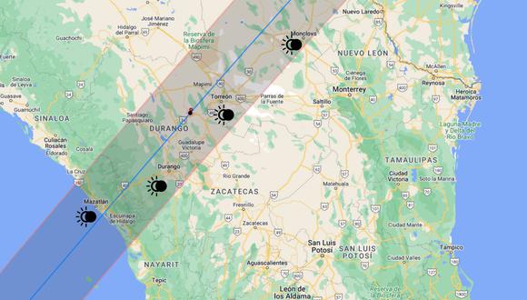 Aquí te compartimos el tiempo de duración de la totalidad del eclipse solar del lunes 8 de abril en los estados mexicanos de Durango, Coahuila y Sinaloa. (Foto: Google Maps)