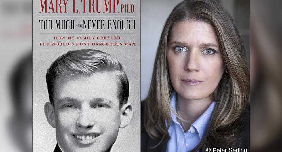 Esta foto muestra a Mary Trump (derecha) y a la portada de su libro "Demasiado y nunca es suficiente: cómo mi familia creó al hombre más peligroso del mundo". (Foto: AP)