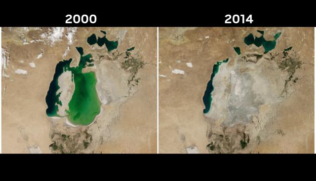 El mar de Aral | Otro espacio que está por desaparecer es el mar Aral. Se encuentra ubicado en Asia Central, entre las fronteras de Kazajstán y Uzbekistán; su ritmo de descenso ha sido entre 80 y 90 cm. al año, según la NASA. (NASA)